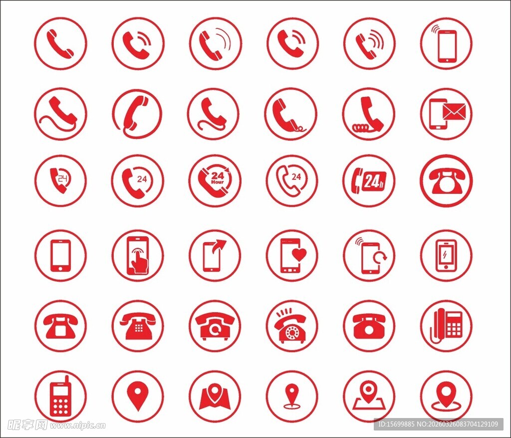 红色圆形电话相关图标集