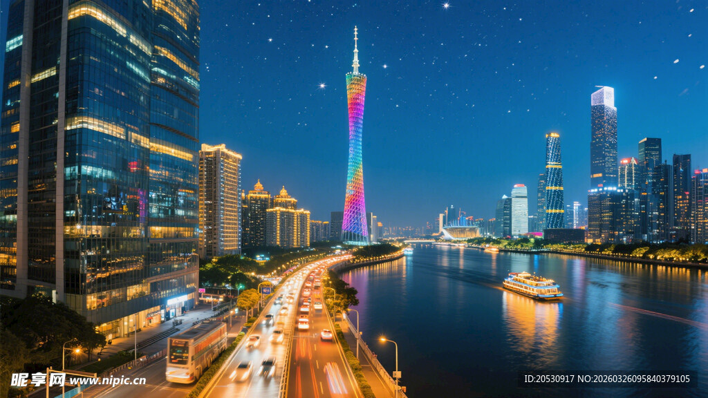 广州月夜下城市河畔景观风光