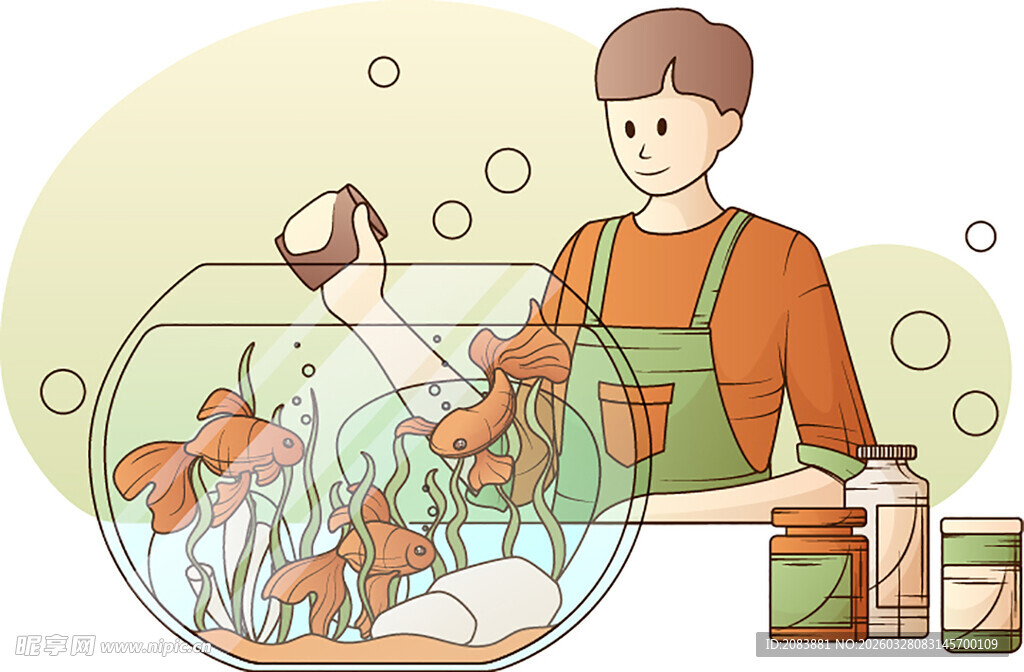 男子细心打理金鱼缸