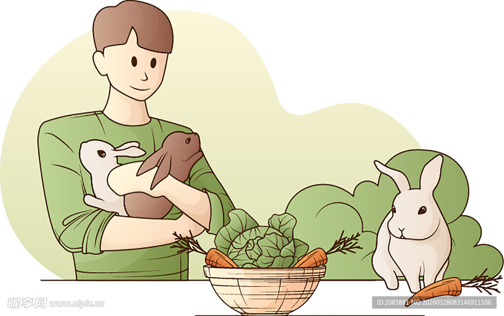 男子与宠物兔共享蔬果时光