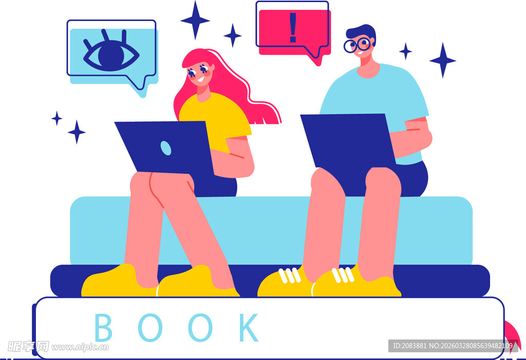 两人坐在书本上使用电子设备