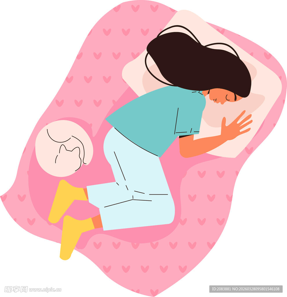 女孩舒适侧卧在粉色被窝中