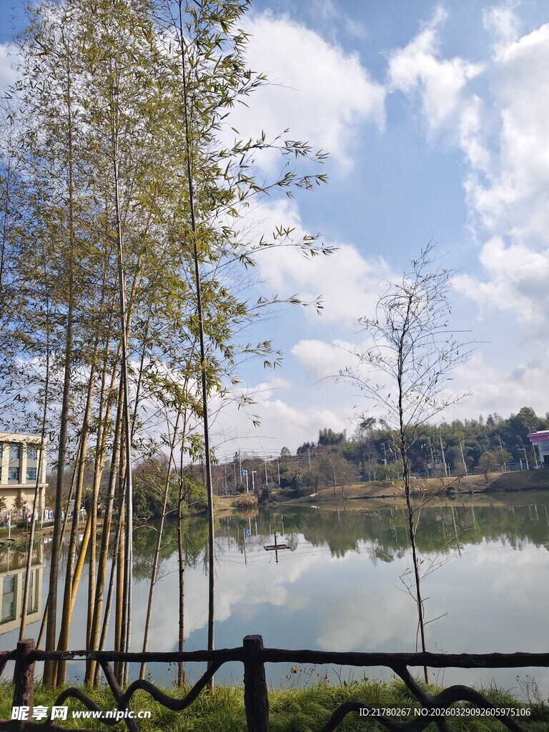 湖畔绿树蓝天