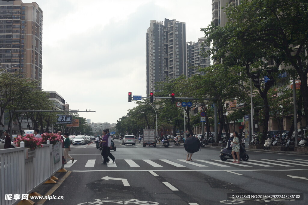 湛江城市街道行人过马路场景