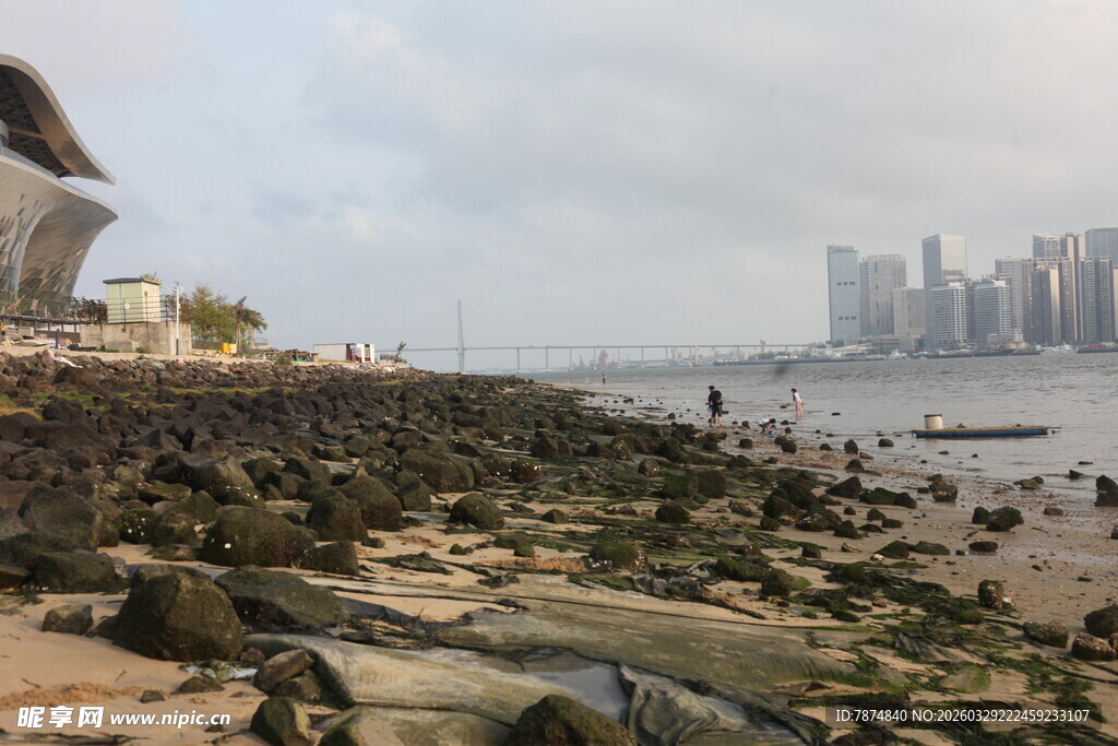 湛江海边礁石景观城市天际线