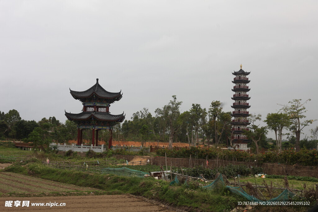 湛江中式园林古塔风景