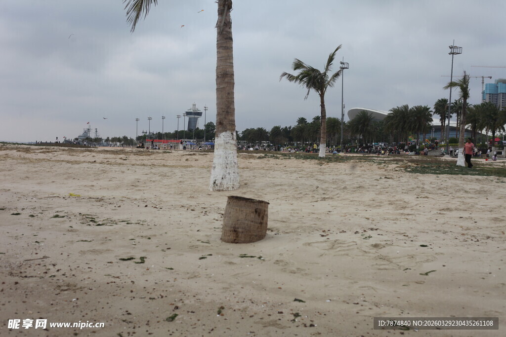 湛江沙滩上的木桩与远处风景
