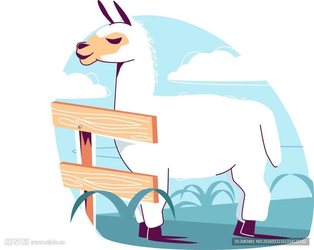 羊驼靠在木牌旁的场景