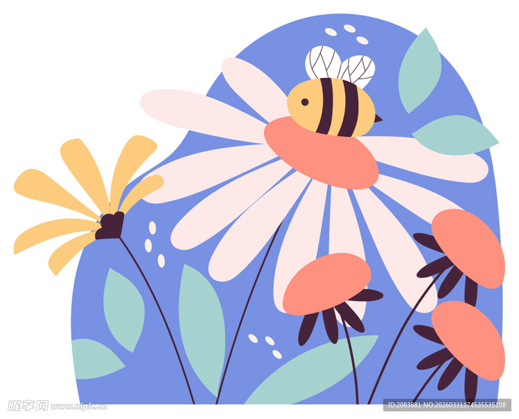 蜜蜂采蜜于多彩花丛中