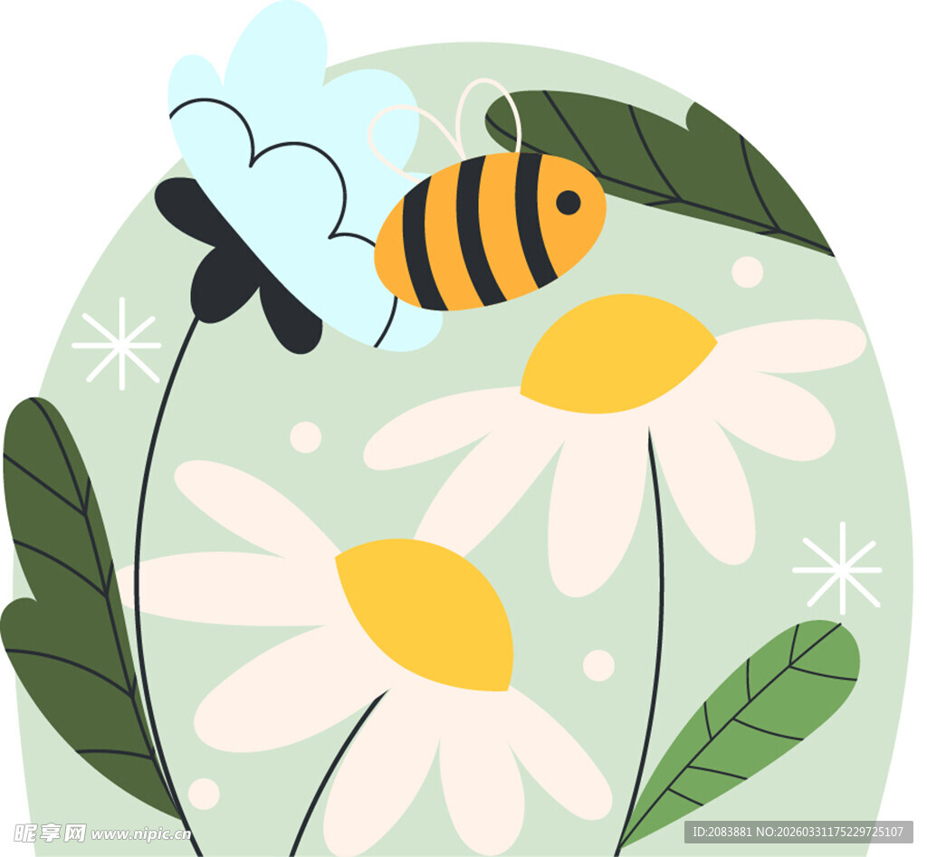 蜜蜂飞舞于雏菊绿叶间