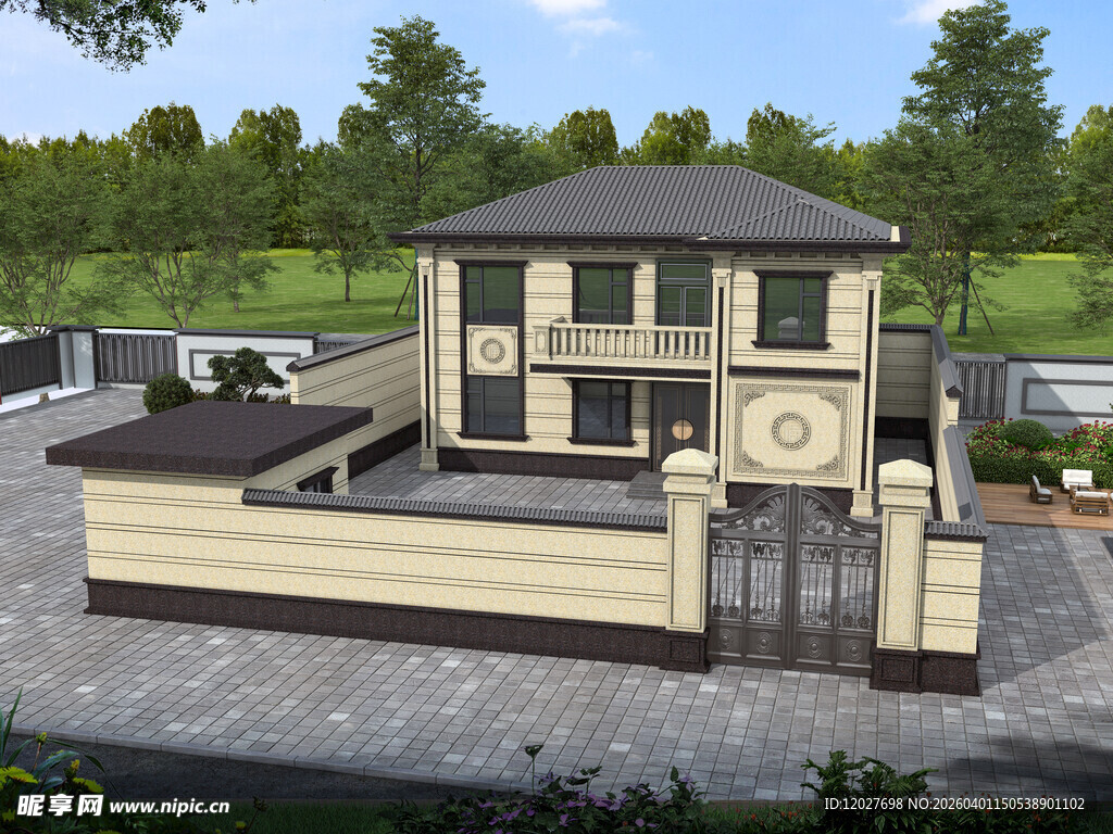 中式风格两层住宅庭院设计效果图