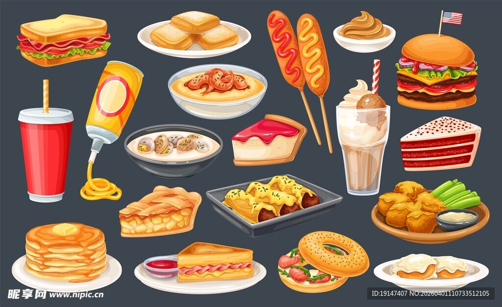 多样美味快餐食品集合