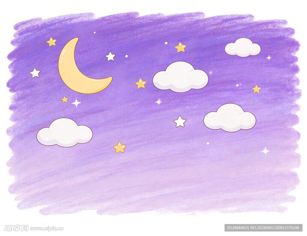 紫色夜空月亮云朵手绘插画