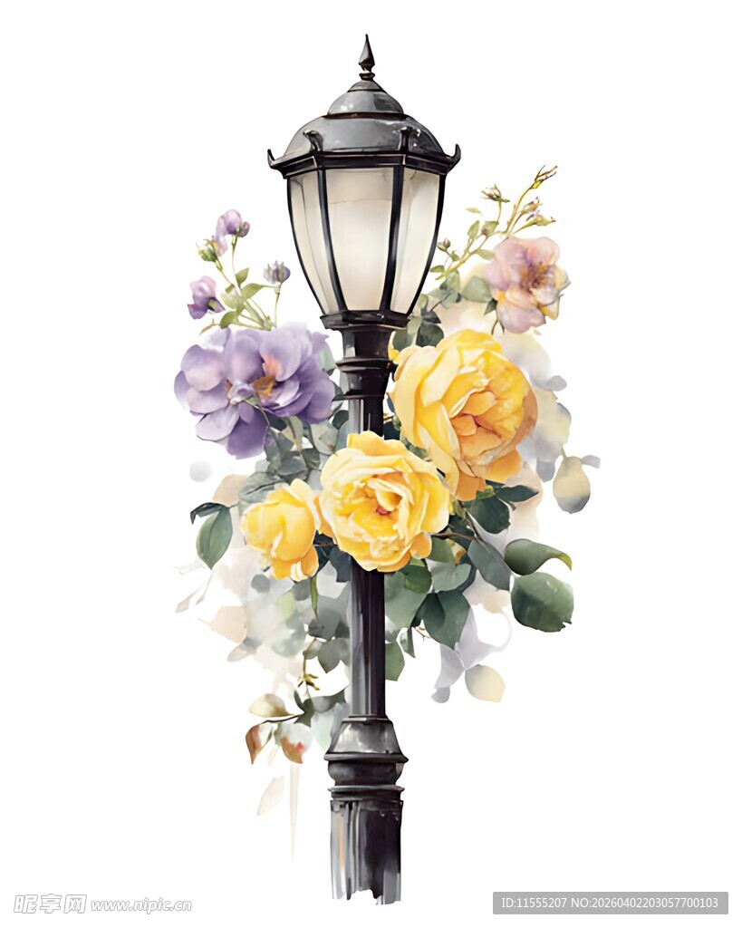 繁花簇拥的复古路灯