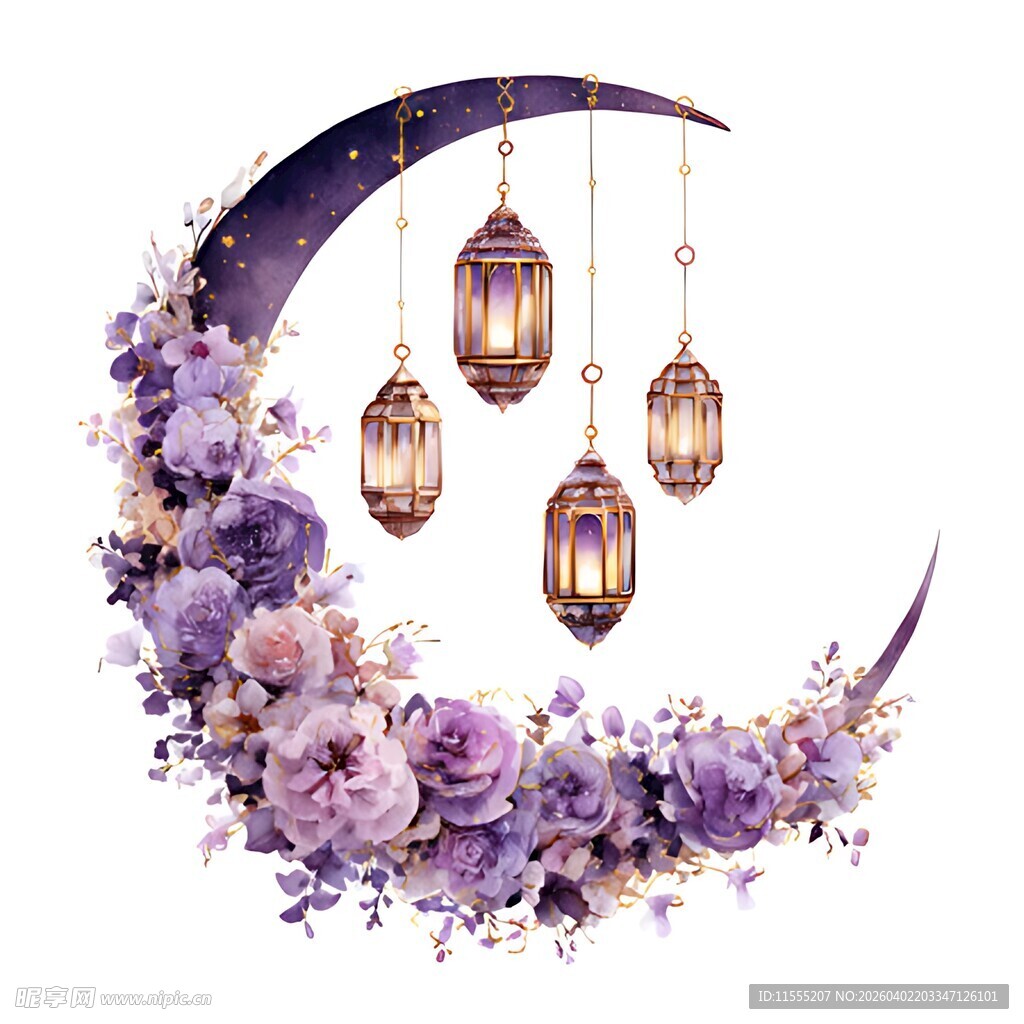 紫色新月挂花灯花卉图