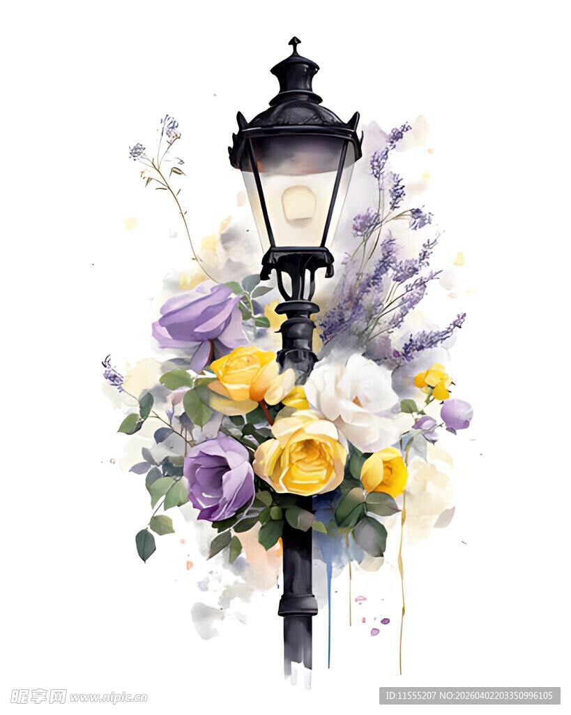 复古路灯旁的多彩花卉