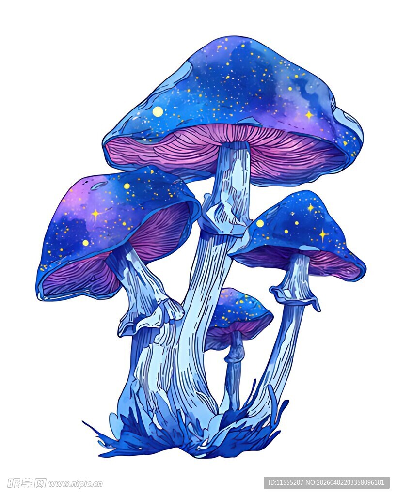 梦幻蓝紫色蘑菇插画
