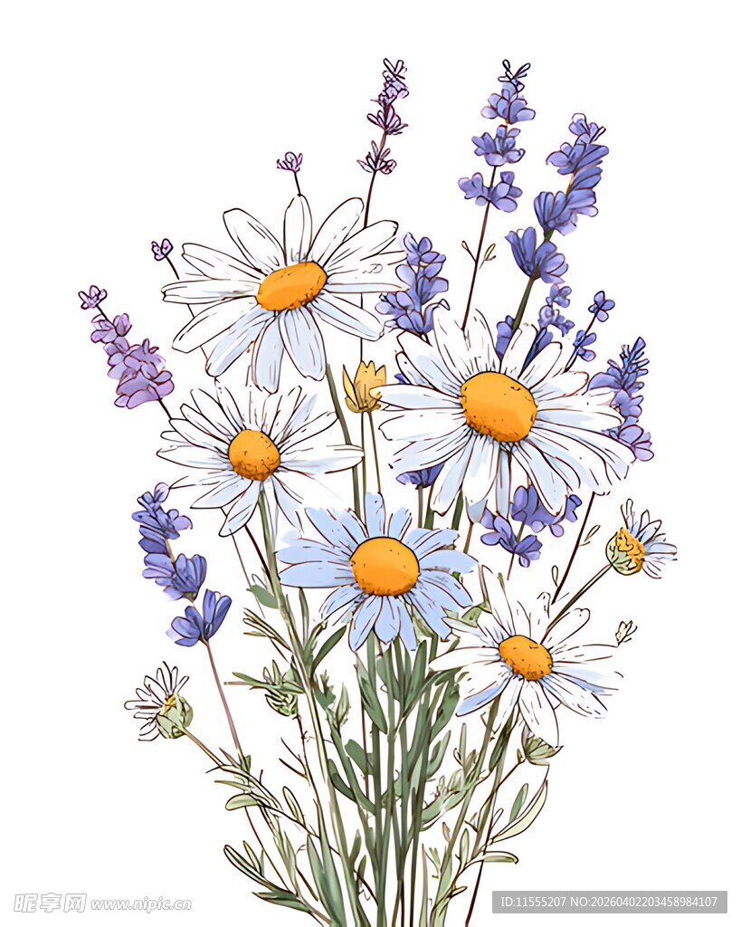 雏菊与薰衣草花卉插画