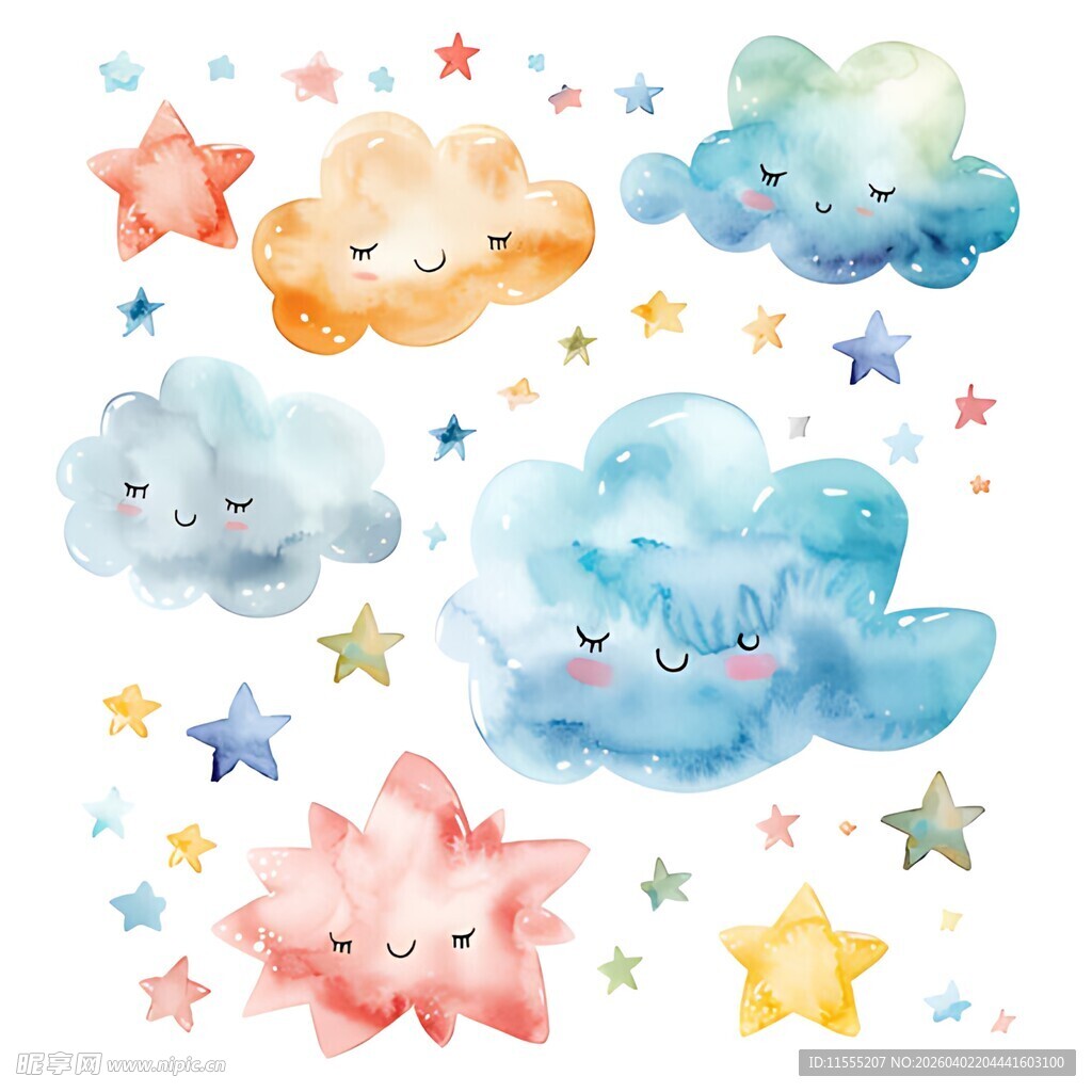 可爱云朵星星水彩插画