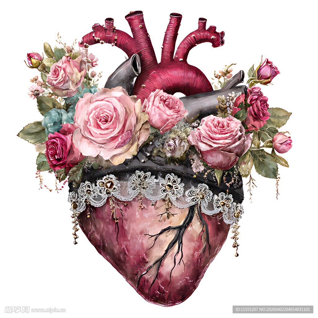 花卉环绕的精致解剖学心脏