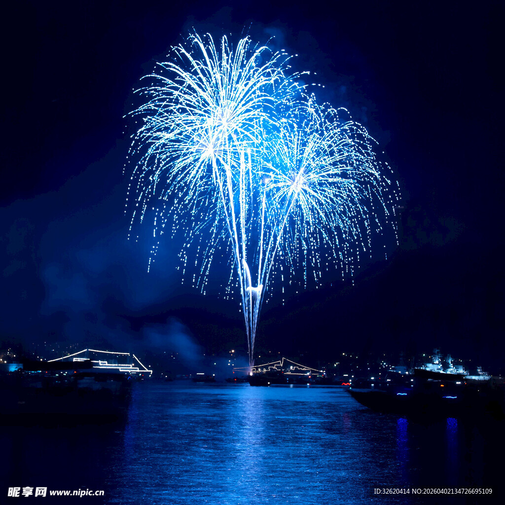 海上烟花绽放美丽夜景