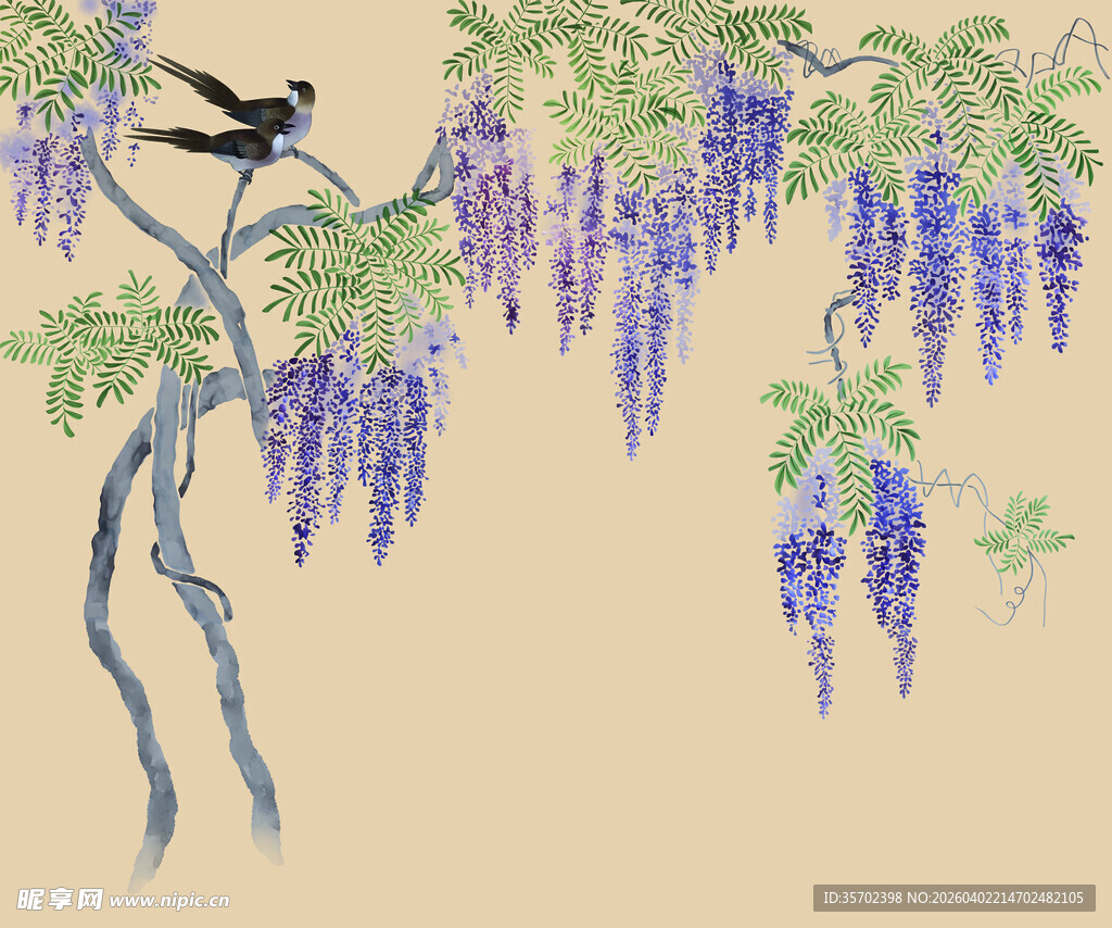 紫藤枝头双鸟图