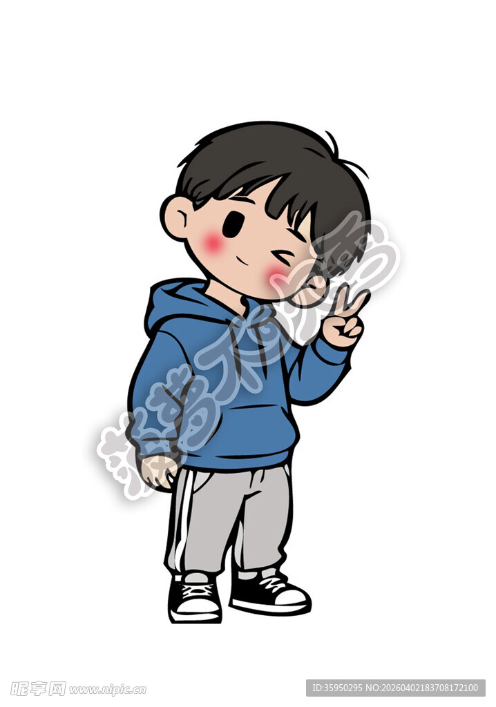 穿蓝衣比耶的可爱小男孩