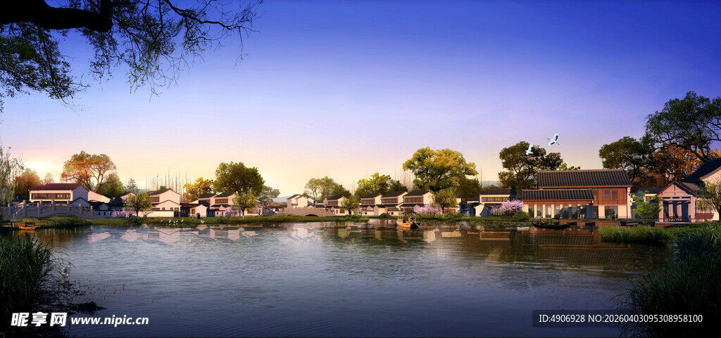 湖畔小镇黄昏美景