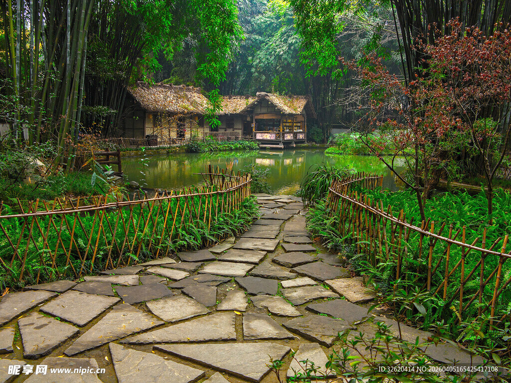 林间石板小径旁的古朴小屋