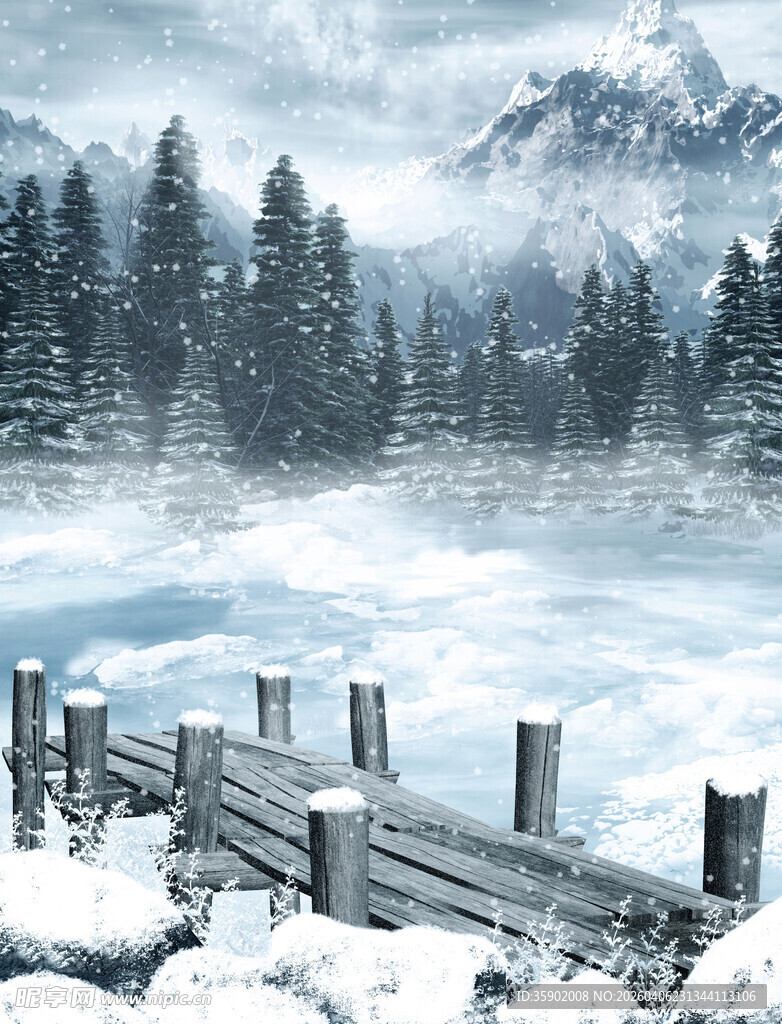 冬日雪景中的静谧木桥