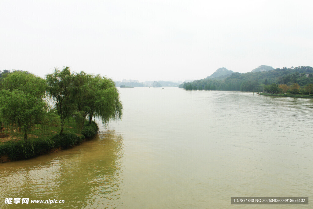 河畔绿树环绕的宁静水域