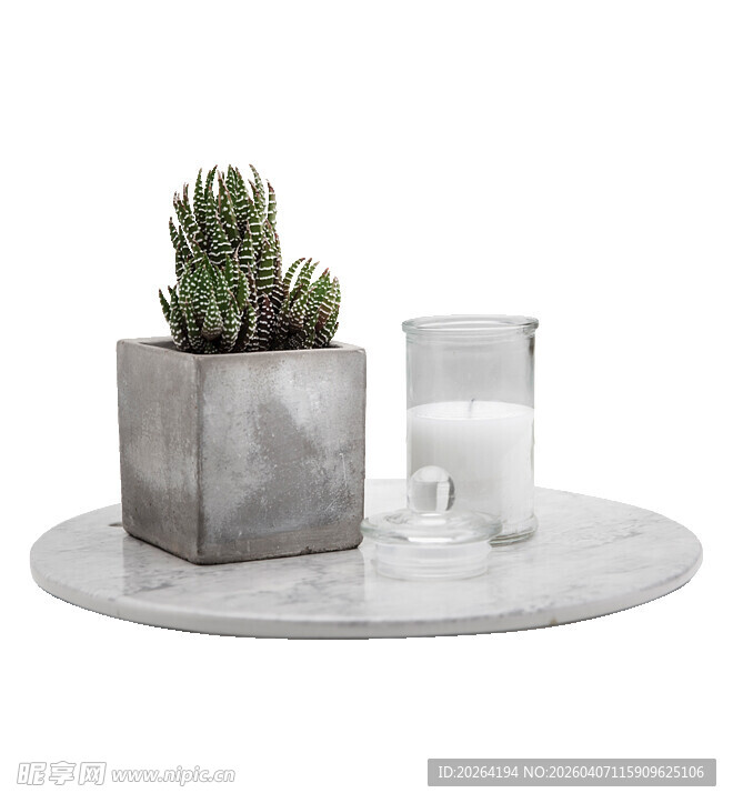 简约水泥盆栽与烛台摆件