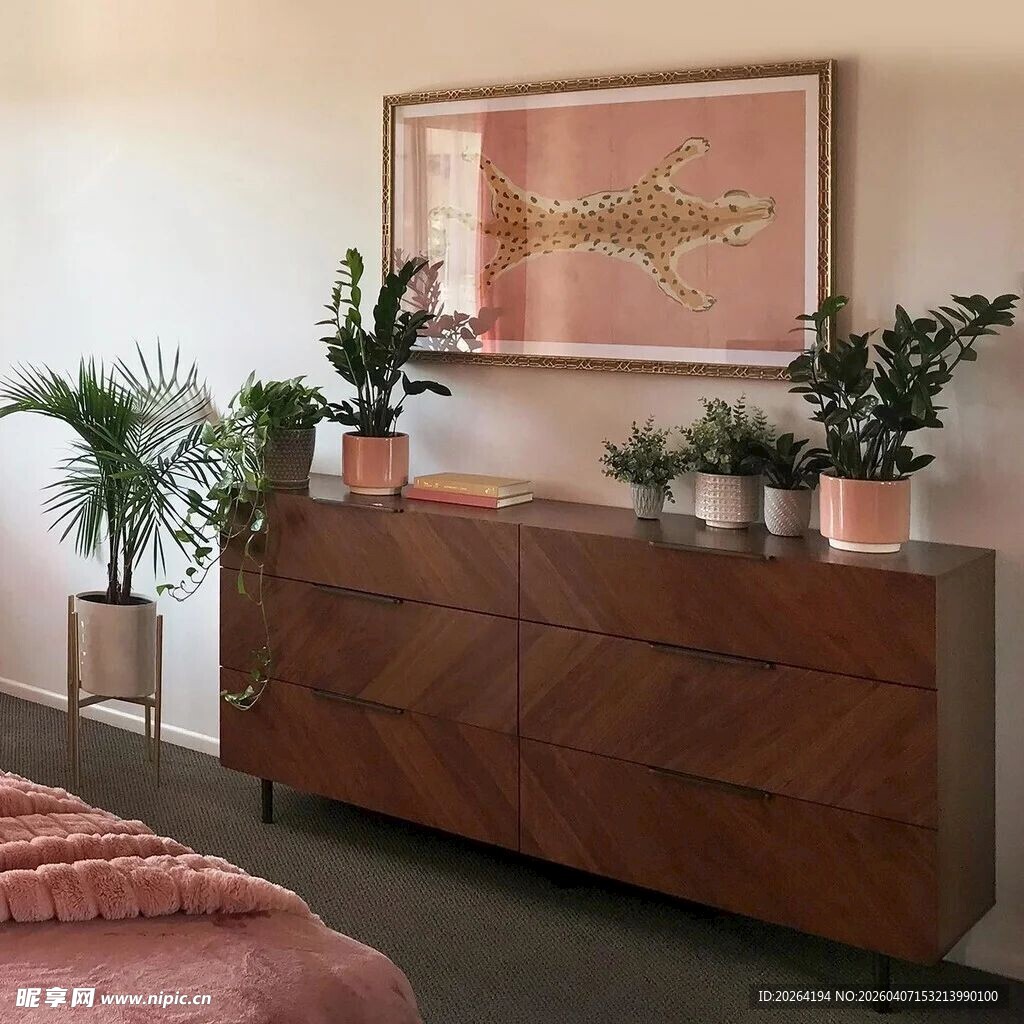 复古木质边柜旁的绿植装饰