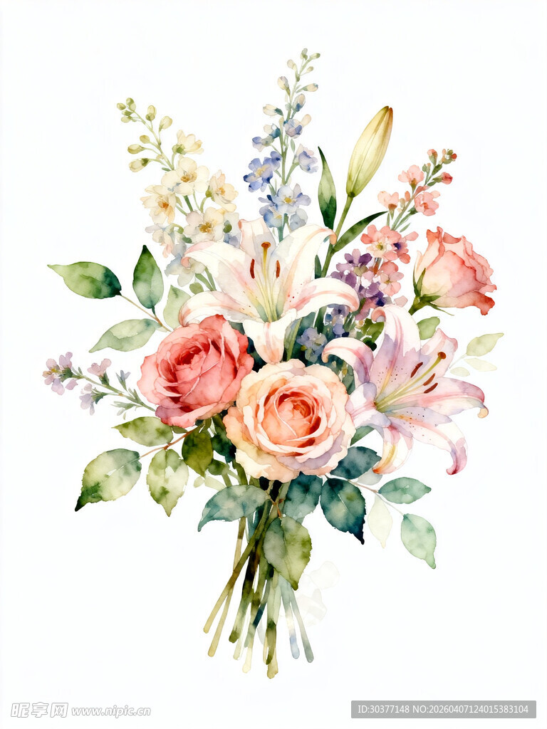 水彩绘多彩花卉花束