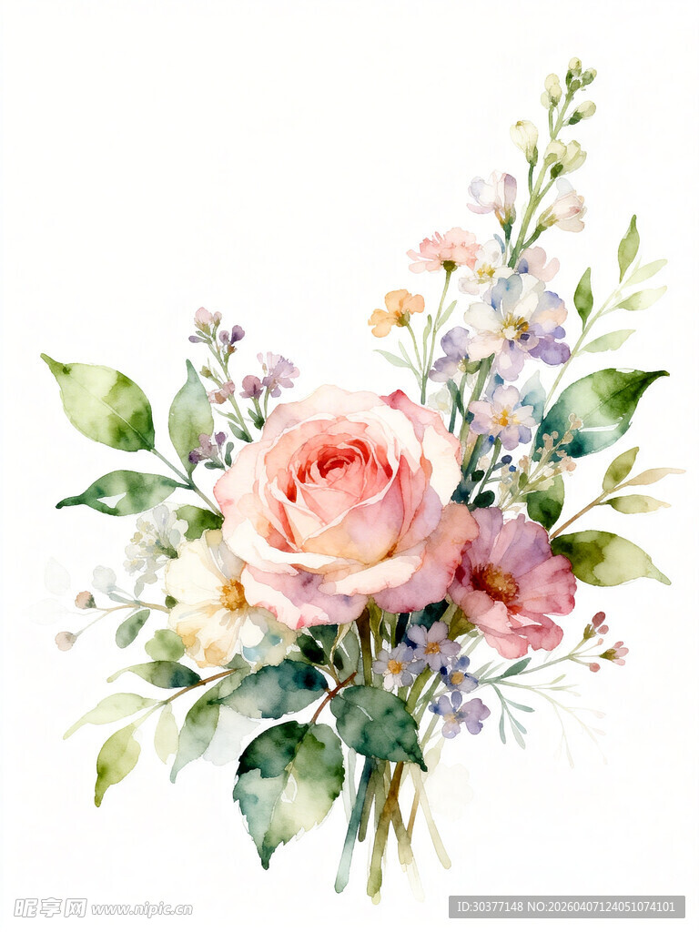 水彩绘就的浪漫花卉组合