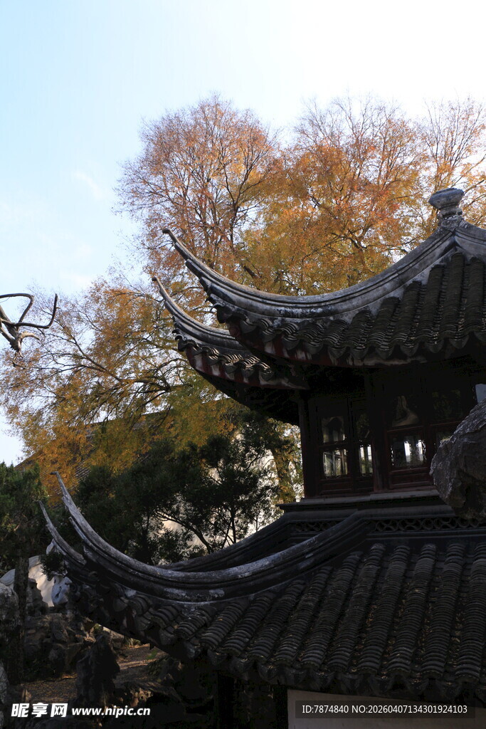 中式古亭 秋景中的典雅建筑