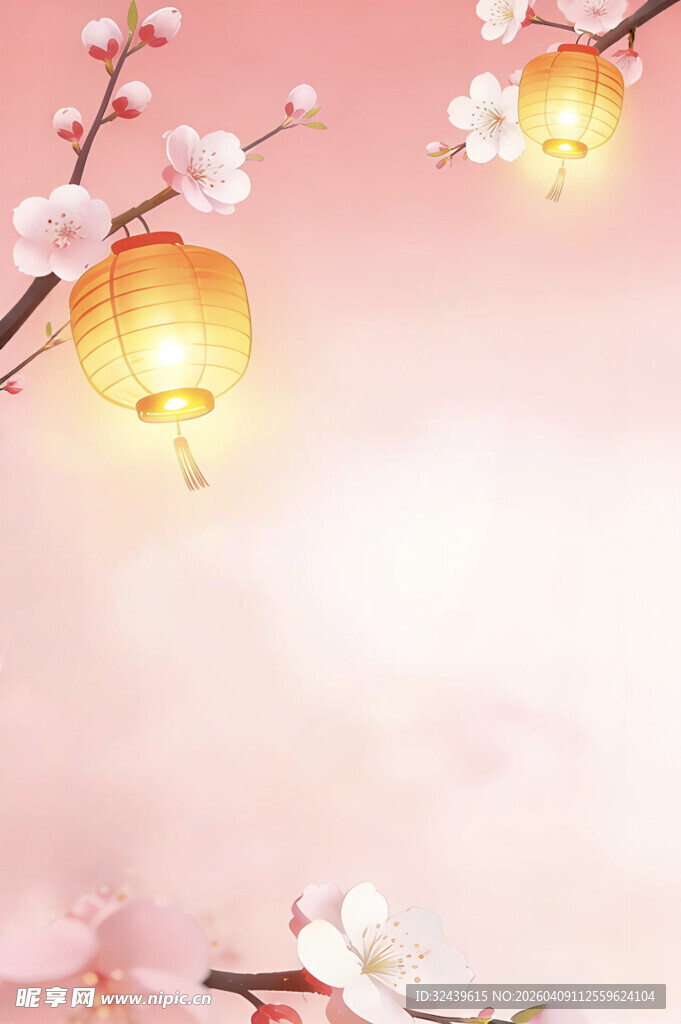 粉色背景下的灯笼与桃花