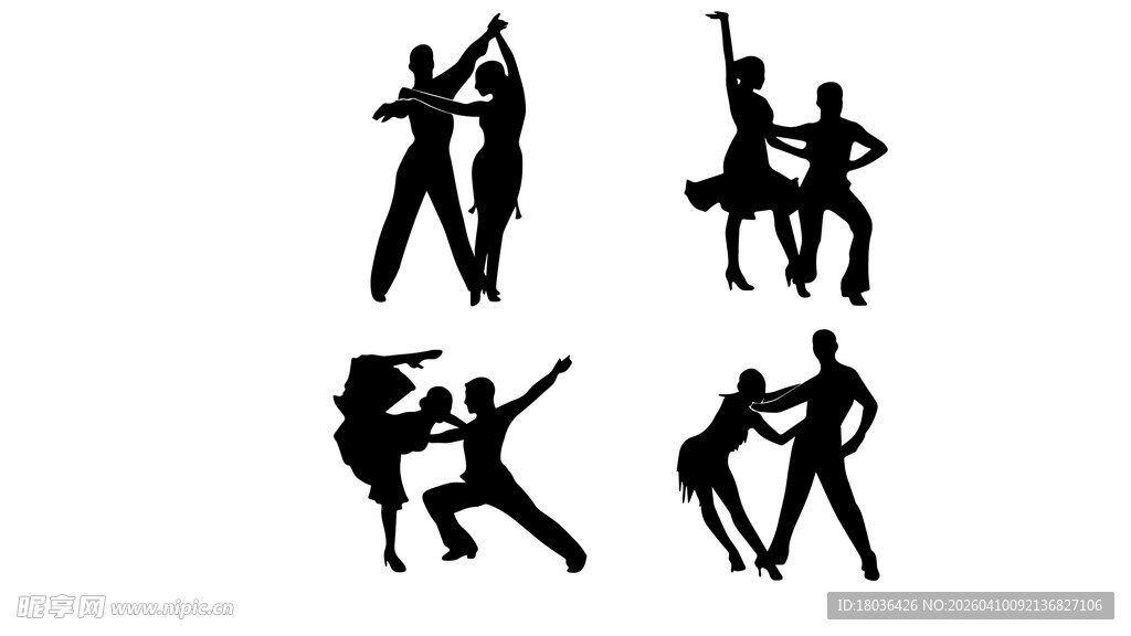 多种姿势跳舞国标舞的男女剪影