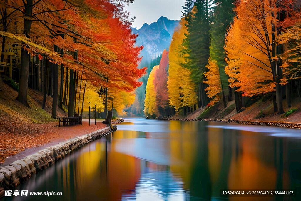 秋日山林间的宁静河流
