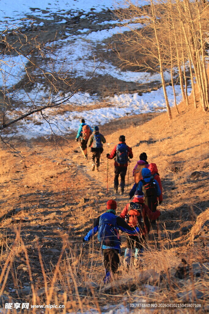 户外徒步者穿行于原野间