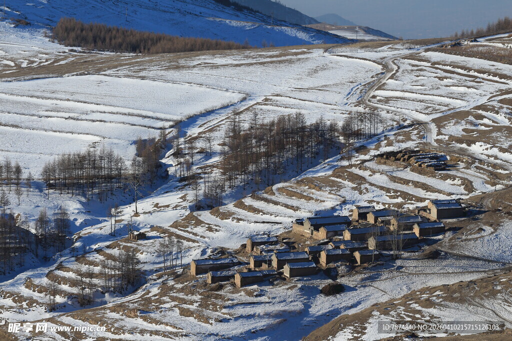 冬日雪覆下的静谧村落