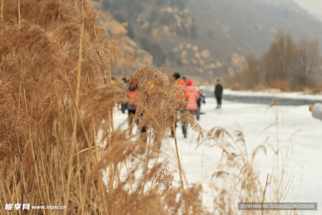 冬日河畔的户外人群景象