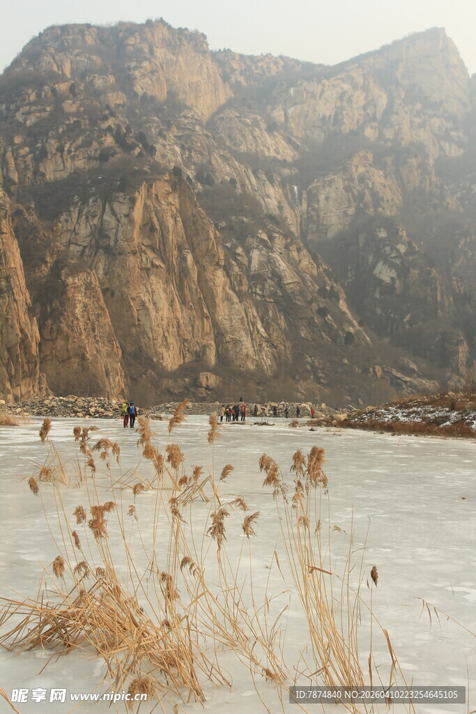 冬日山景下的冰面与枯草