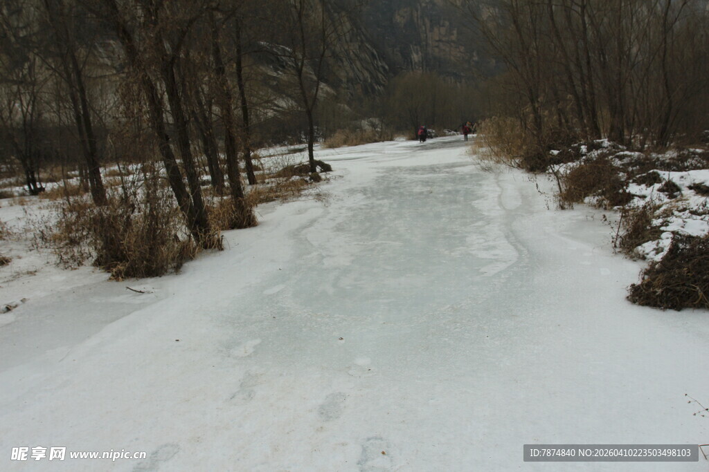 冬日雪覆林间小道