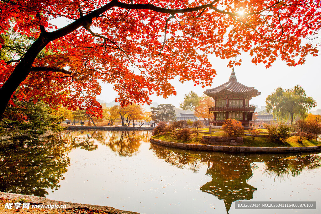 秋日湖畔红叶古亭