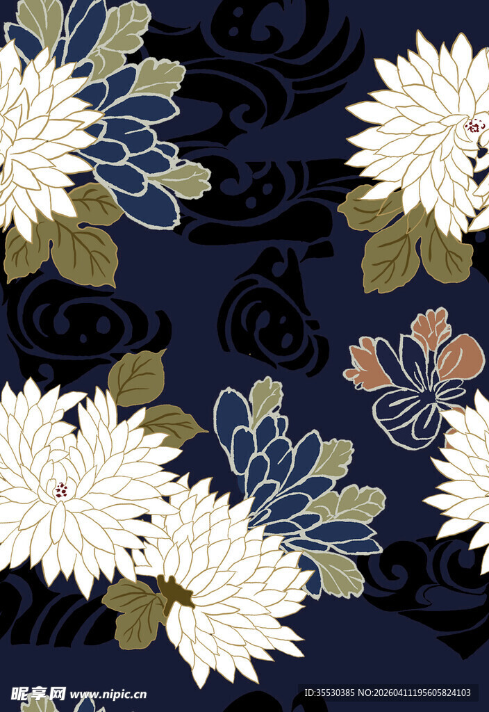深蓝底白花日式花卉图案