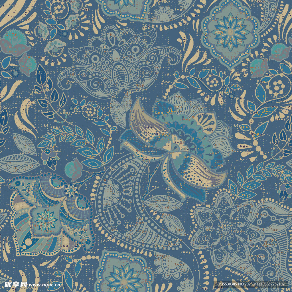 蓝调复古风佩斯利花纹图案