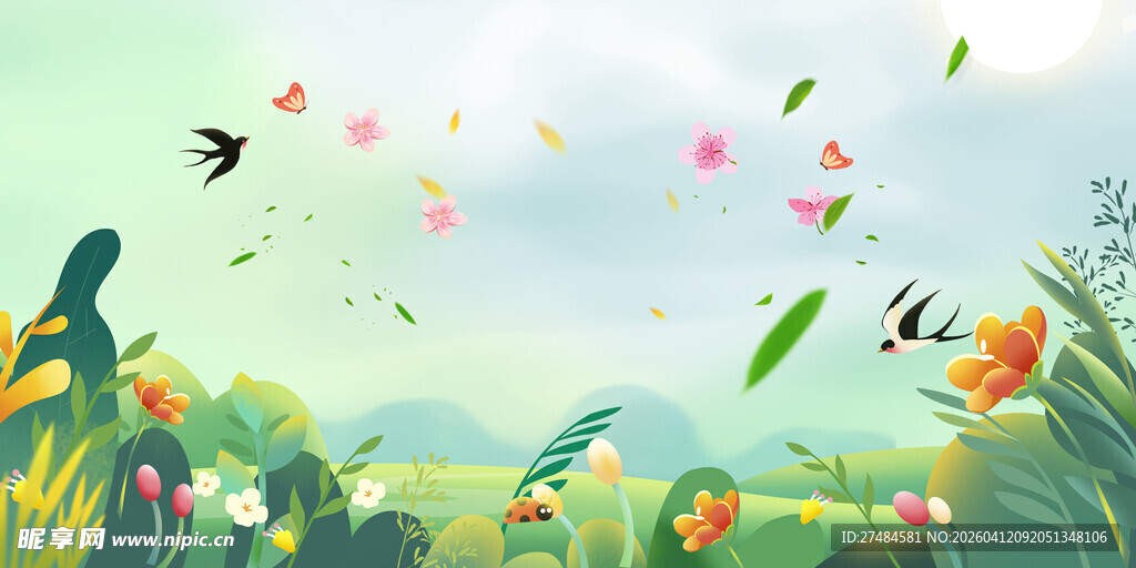 春日花草飞鸟梦幻风景图
