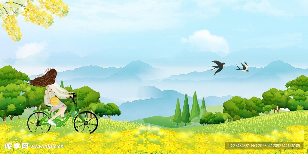 骑行在春日明媚田园间