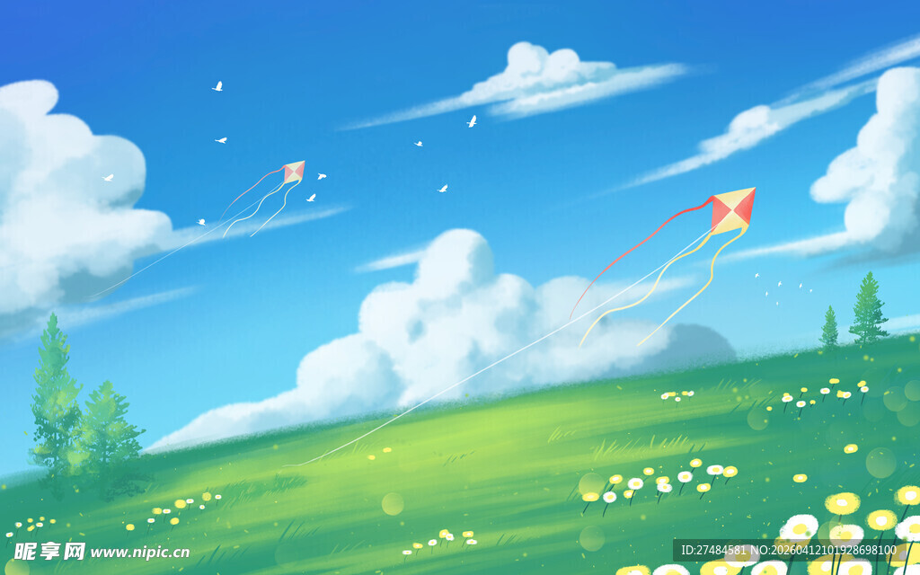 夏日绿野蓝天梦幻风景